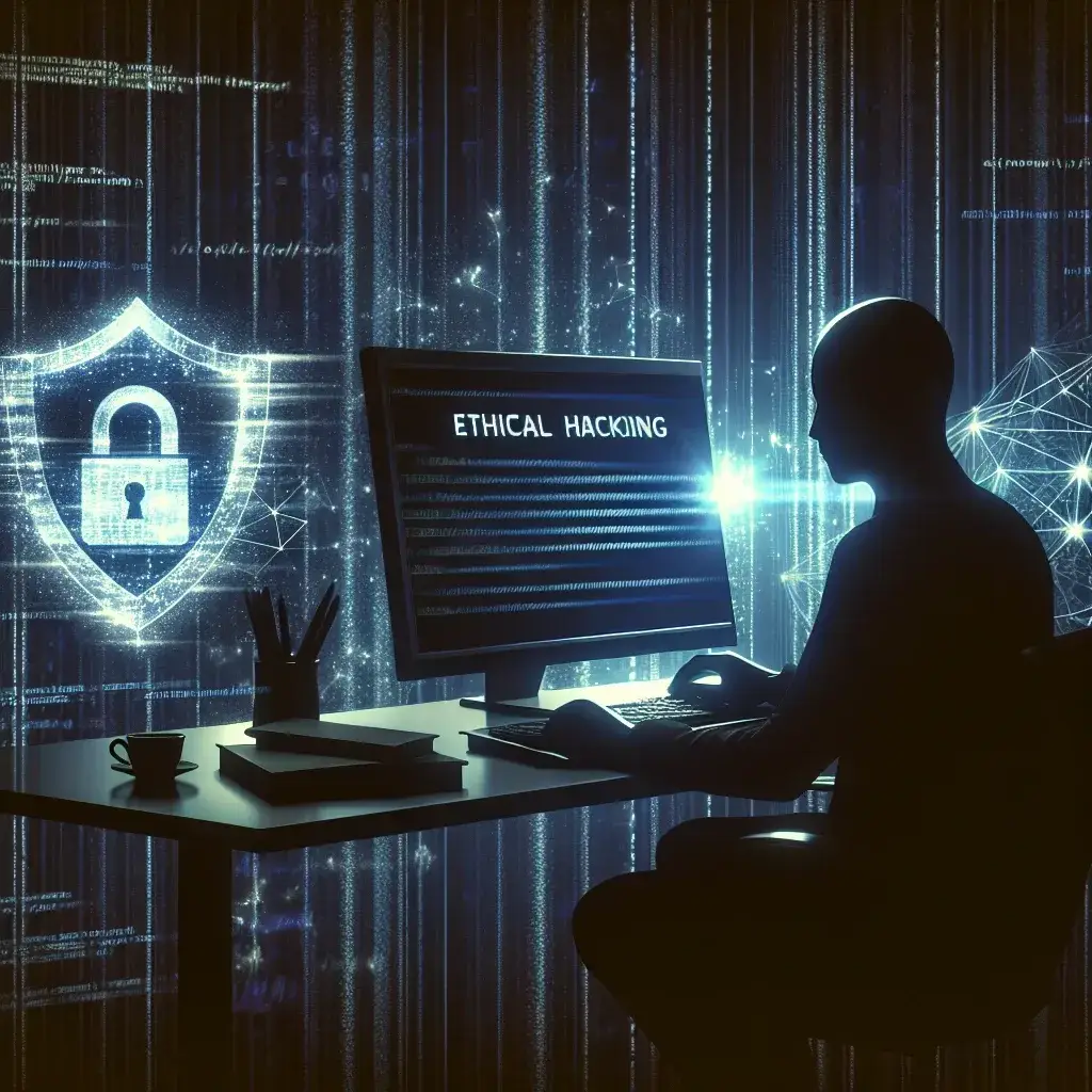 "Imagem ilustrativa sobre Hacking Ético, mostrando um profissional de segurança cibernética analisando códigos e vulnerabilidades em um computador, enfatizando sua importância na proteção da segurança digital."